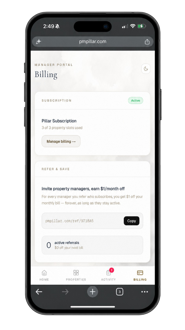 Dashboard — Billing & Properties